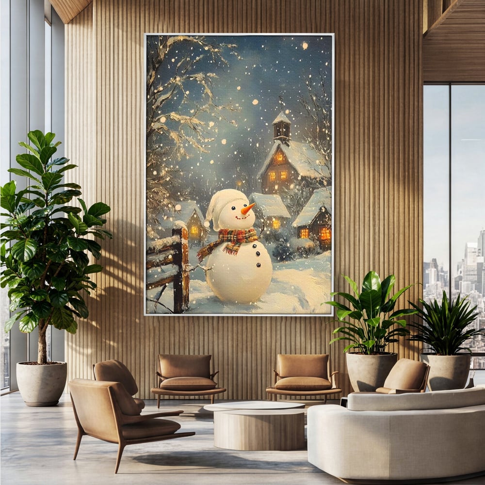 Tablou canvas cu tablou canvas cu om de zapada, in rama de aluminiu argintiu, pe perete intr-un birou